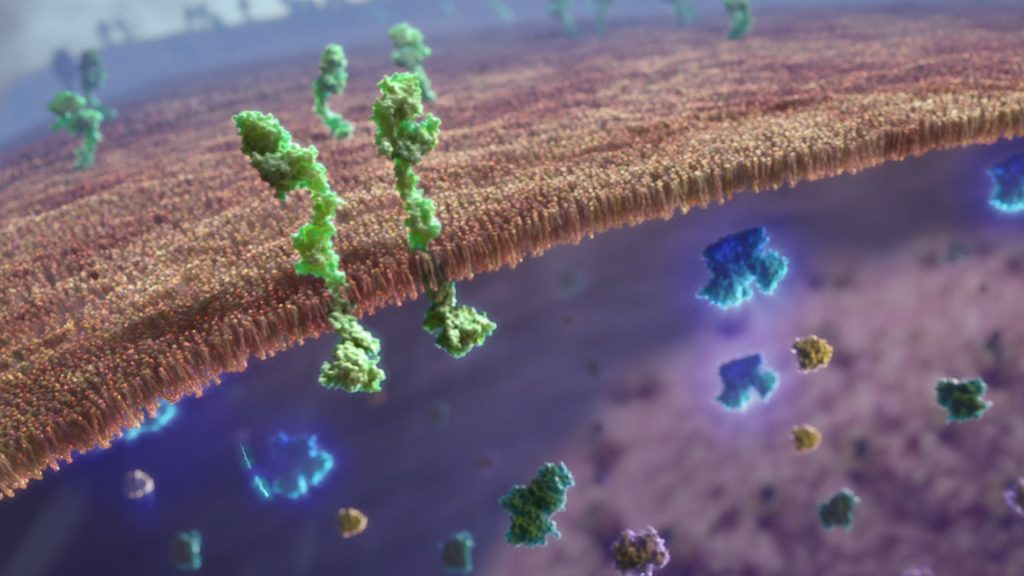 A 3D illustration depicts a cell membrane with green protein structures extending from its surface, echoing the complexity of ALK-positive non-small cell lung cancer. Blue and yellow proteins float in the surrounding space, suggesting an intricate biological or biochemical process.