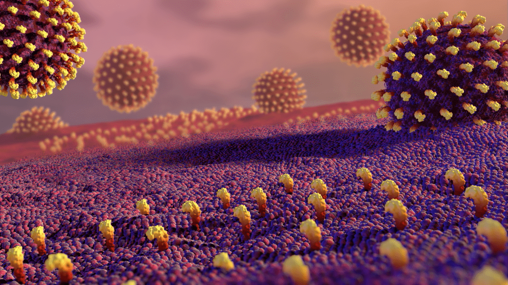 Illustration of a colorful virus scene depicting spherical particles with spike-like structures in a pastel-toned environment, capturing the essence of viruses. The foreground features a textured surface covered with similar spikes, offering a subtle nod to the science behind pandemics.