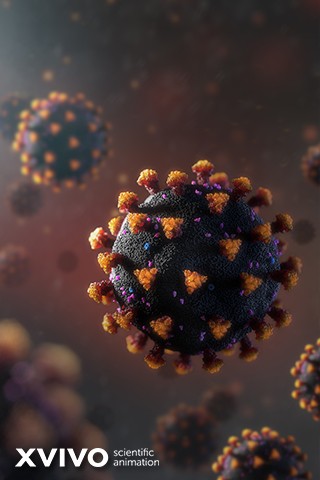 3D illustration of a coronavirus particle, showing a spherical virus with a textured surface. Bright, spike-like proteins are protruding from its surface. The background is blurred with several similar particles floating.