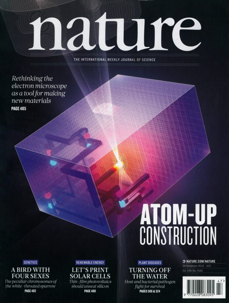 Cover of Nature magazine featuring a 3D geometric illustration with transparent layers and a glowing center. Headlines discuss Nature Cover topics like electron microscopy, genetics, renewable energy, plant diseases, and solar cells.