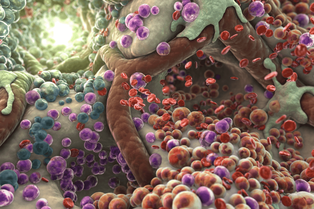 A close-up 3D illustration of a cellular environment, showing a complex structure with colorful molecules, including red, purple, and blue spheres, in a network resembling biological tissues under a microscope.