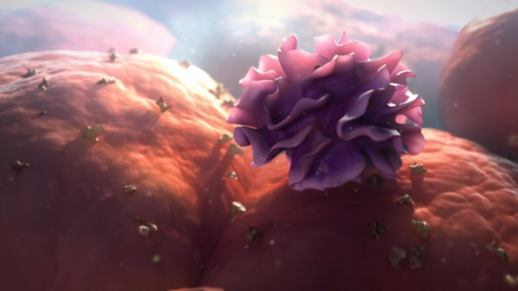 An artistic 3D rendering of a pink and purple flower-like structure reminiscent of a dendritic cell, set against a soft, abstract background with pink and orange hues, capturing a nature or biological theme.