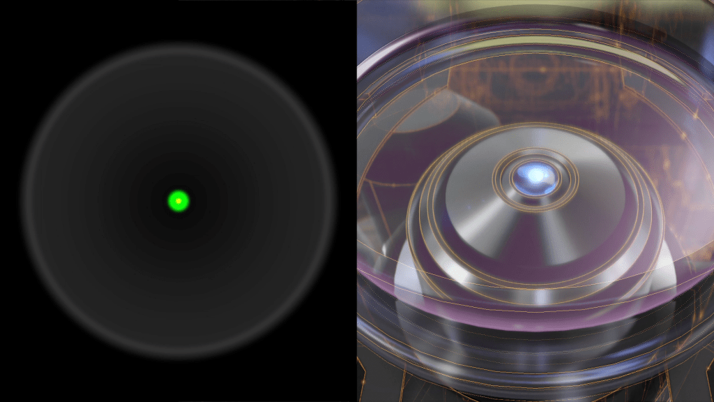 A diagram depicting a hydrogen atom shows a shift in perspective: on the left, a green dot symbolizes an electron orbit with a faint circular blur; on the right, captured in stunning detail as if through a Nikon lens, is a 3D render of an electron orbiting its nucleus.