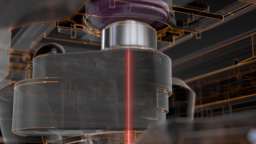 Close-up view of a complex mechanical device with perfected design, featuring a red laser beam. The structure includes transparent and metallic components, showcasing intricate details and an abstract design in a dark background, captured with exceptional focus.