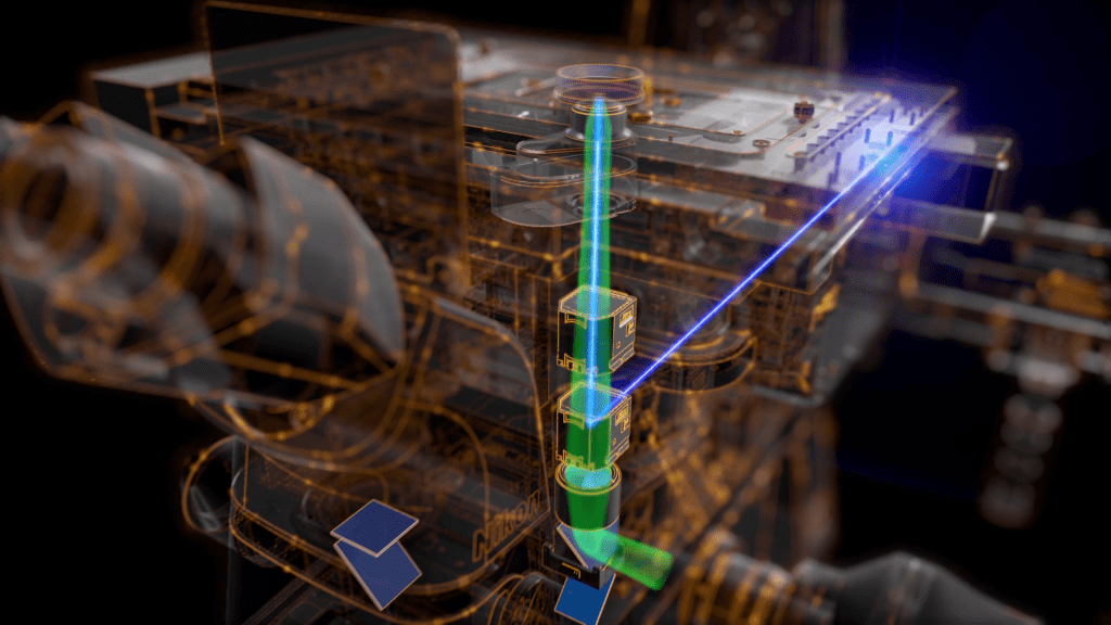 A 3D rendering of a transparent electronic device offers a fascinating perspective, showcasing internal circuitry. Visible components include a vertical green and blue rod, glowing blue lines, and layered circuit boards, all set against a dark background that seemingly shifts with every detail captured.