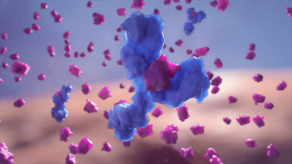 A 3D molecular illustration depicts a large, abstract blue structure, evocative of the hepatitis B virus, surrounded by numerous smaller pink particles. These elements seem to engage in a dynamic dance against a blurred backdrop, symbolizing the immune systems combat within this microscopic realm.
