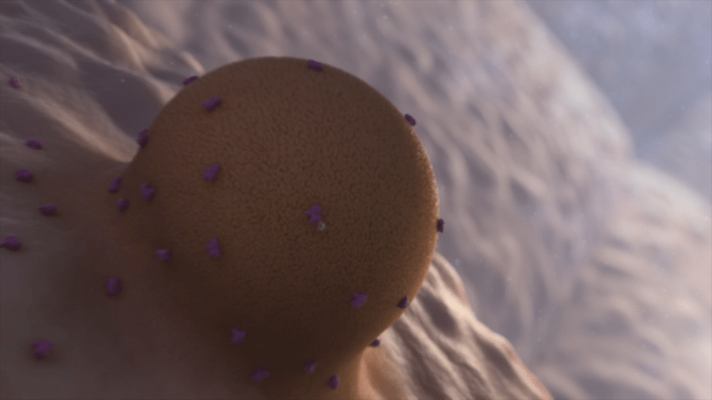 A 3D rendered image of a brown spherical object on a textured surface, adorned with small purple protrusions, resembling elements of the immune system. The background features a blurred, wavy pattern in soft hues.