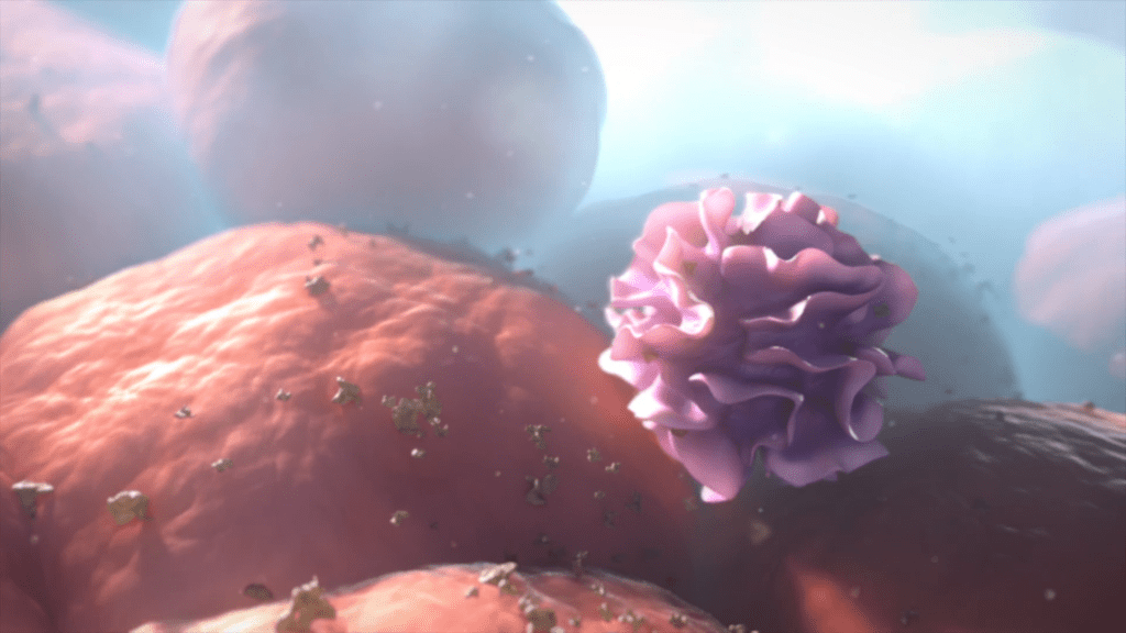 A stylized representation of cellular activity depicts a purple, ruffled cell—an integral part of the adaptive immune system—maneuvering among larger, round, pinkish-orange cells. Small particles are scattered throughout the scene against a soft blend of light blue and white in the background.