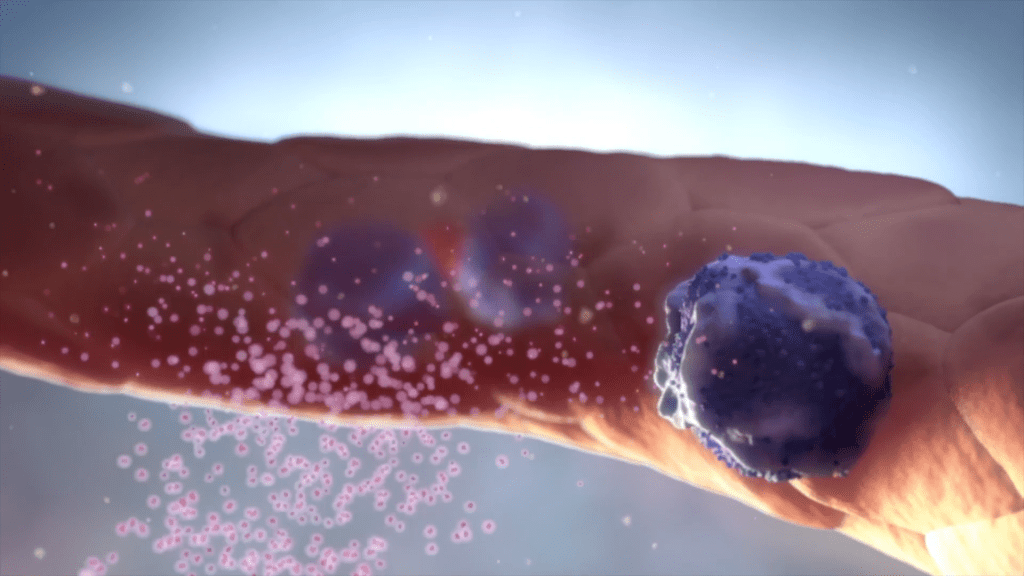 Abstract depiction of a hand with glowing pink particles and a large, textured blue sphere. Soft lighting creates a futuristic, ethereal look, suggesting a theme of science or technology, reminiscent of the innate immune system in its dynamic nature.