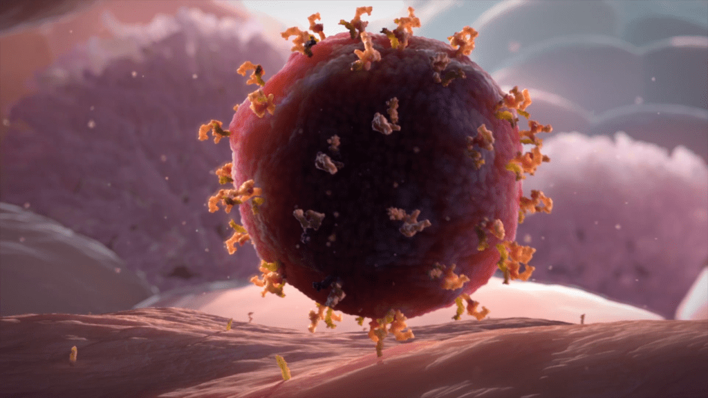 A detailed, artistic rendering of a virus particle, with a spherical, dark core and protruding, orange spike proteins. The background features pastel shades resembling cellular structures under attack.
