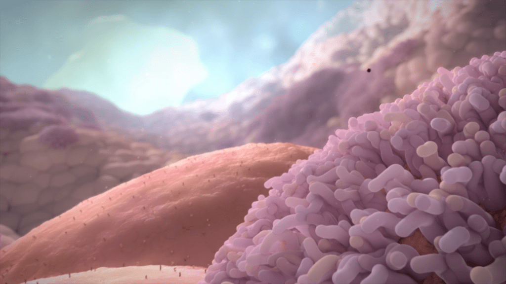 A close-up view of a microscopic scene depicts various cellular structures, including a lone virus, in shades of pink and purple against a softly focused background. The scene has an ethereal quality with soft lighting and a variety of textures.