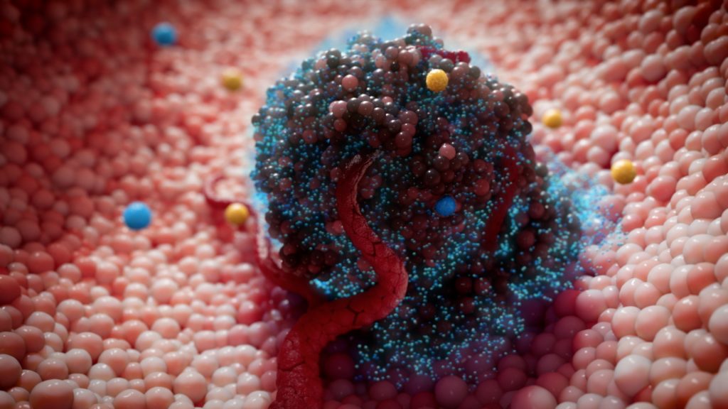Digital illustration of a complex, abstract molecular structure with vibrant colors. The central mass appears like clustered spheres in varying shades, surrounded by smaller blue, yellow, and pink spheres, against a soft pink background.