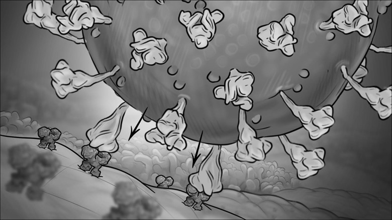 Black and white illustration of a large virus particle with spike proteins on its surface, blending art and science. Smaller particles appear in the background, suggesting a cellular landscape akin to medical animation.