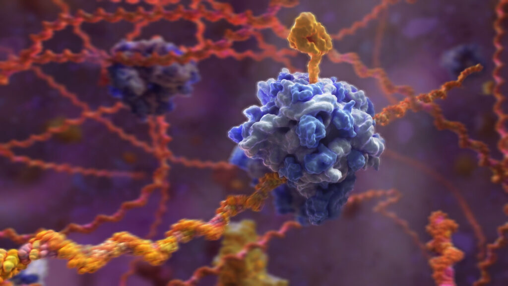 A detailed, colorful illustration of a molecular structure evokes the synergy of art and science. It features a large, complex blue and purple protein with an orange extension, entwined with tangled orange chains against a blurred purple background, reminiscent of medical animation at its finest.