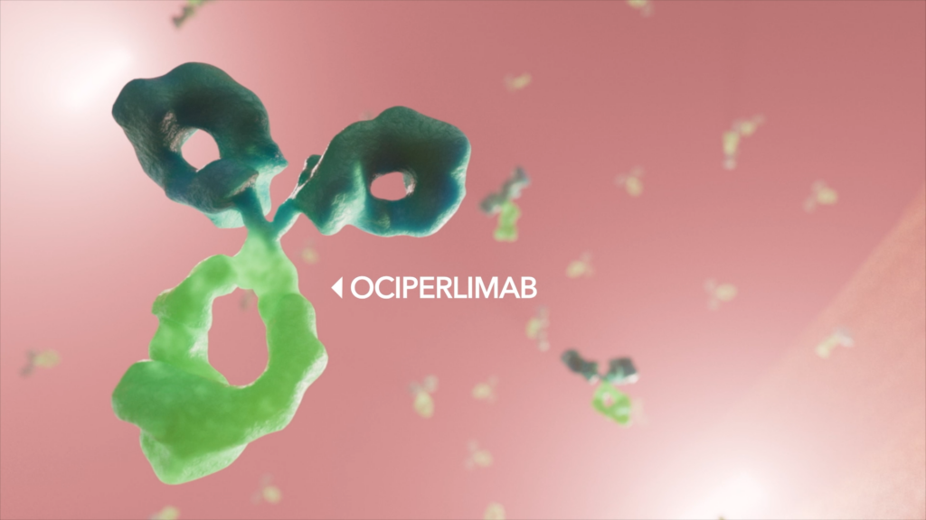 Abstract representation of an antibody-like structure, labeled with OCIPERLIMAB, set against a pink background. The artwork captures dynamic elements reminiscent of an Animation, with green and blue semi-transparent motifs elegantly floating in the foreground.