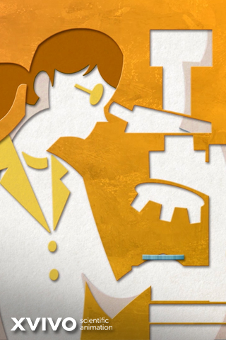 Illustration of a person in a lab coat using a microscope, set against an abstract orange background. The person is wearing glasses, and the image has a paper-cutout style. Logo XVIVO scientific animation is at the bottom left corner.