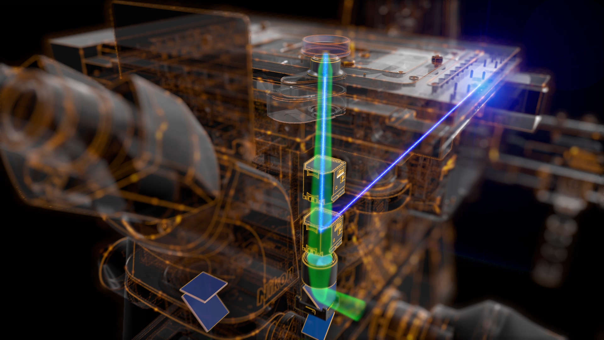 A futuristic and complex arrangement of virtual circuit board components is depicted, featuring holographic-like glowing lines and geometric shapes, set against a dark background, reminiscent of XVIVOs Medical Device Animations. The image conveys a sense of advanced technology and innovation.