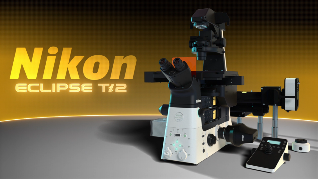 An advanced Nikon ECLIPSE Ti2 microscope is displayed on a gradient background, resembling detailed XVIVO medical animations. The microscope features various lenses and a control panel, illuminated to highlight its design and functionality. The Nikon logo and model name are prominently shown.