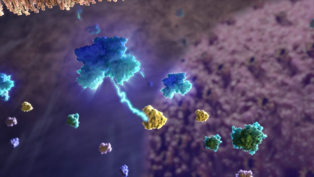 A 3D illustration of molecules interacting, with a blue and yellow molecule connected by a glowing blue line against a purple and beige cellular background, depicting a scientific or biological process.