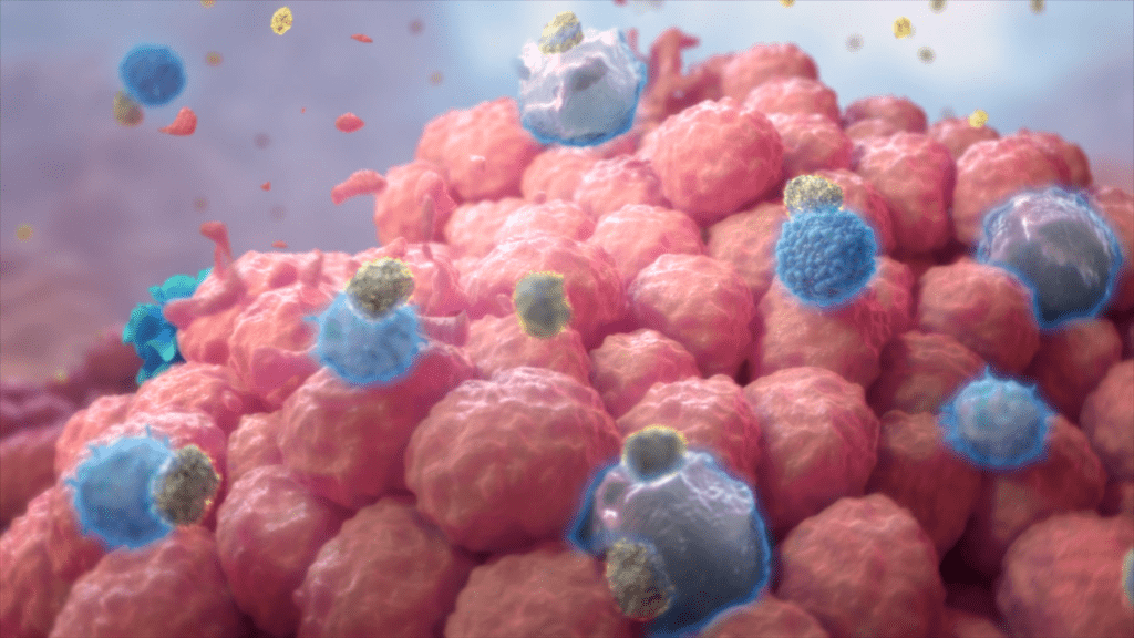 A digital illustration of pink spherical cells with blue and yellow particles on and around them, resembling a microscopic view of a biological process. The background is a soft gradient of light blue and pink.