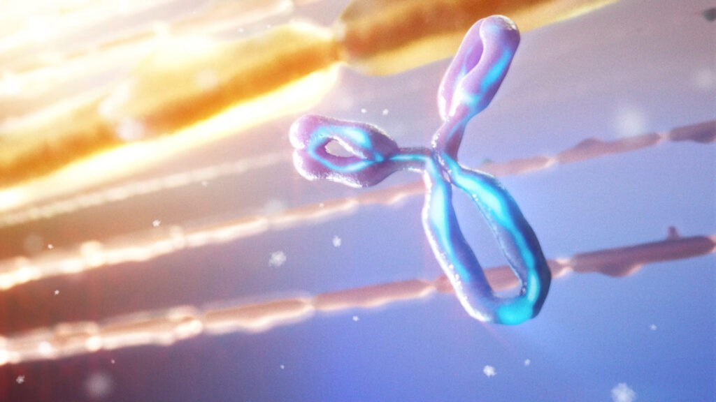 Introducing our Showreel 2023: A colorful, abstract rendering of a chromosome, highlighted in pink and blue, set against a blurred background. Light beams and particles add a dynamic effect to the image.
