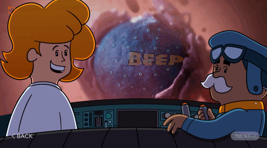 Characters looking back at the camera while reversing out of the cell