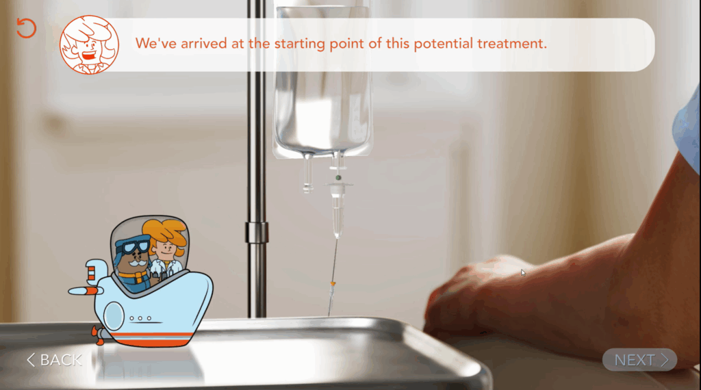 Characters on tray with IV bag