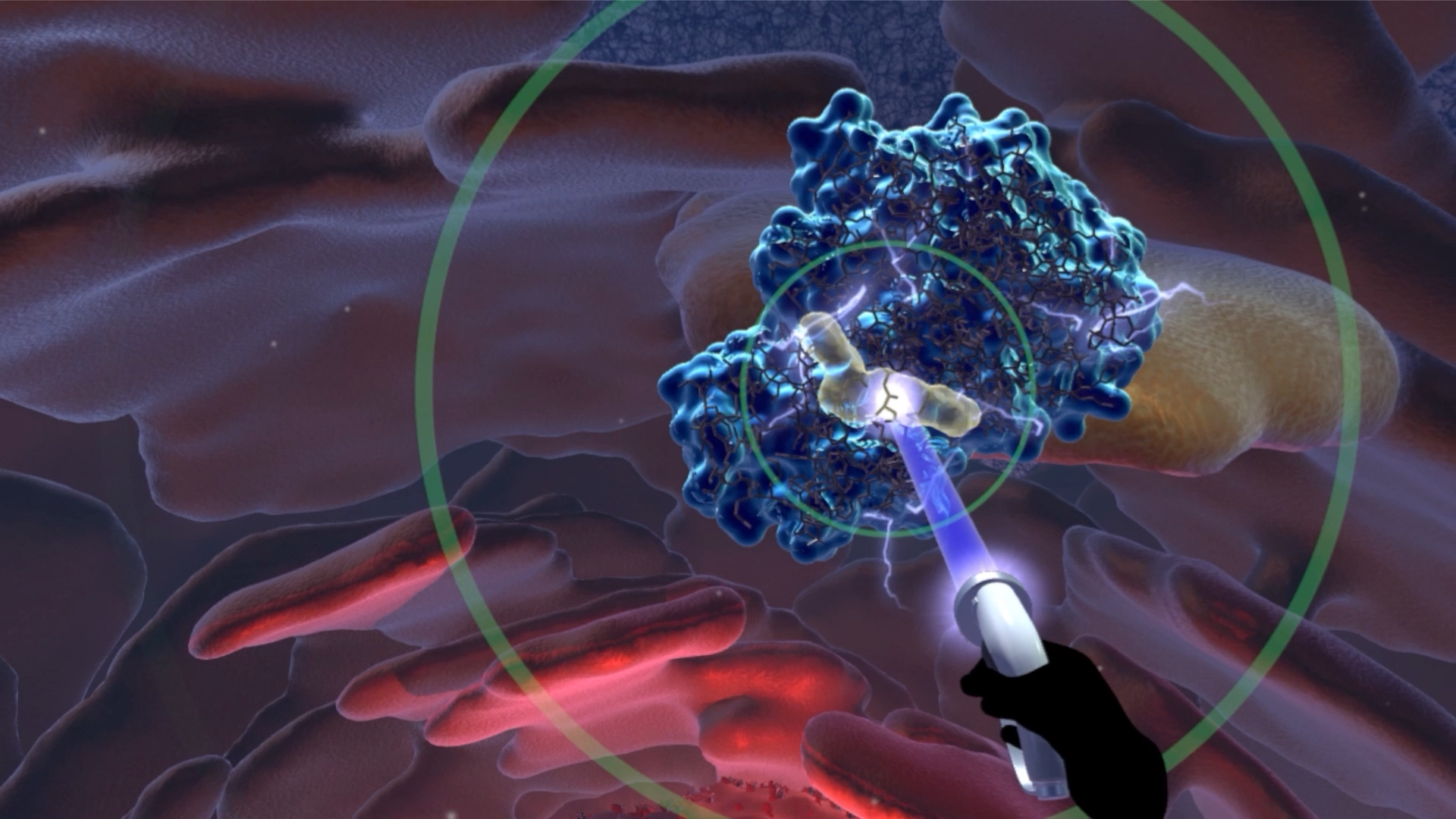 VR user grabbing molecule